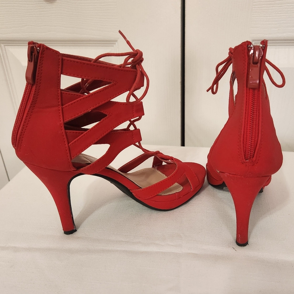 TOP Moda Red Lace-Up Heels - Picture 5 of 5